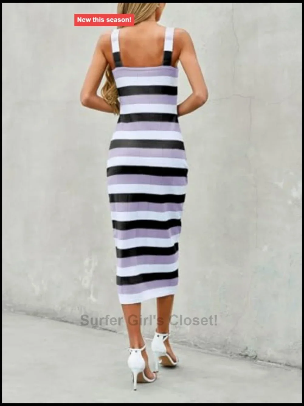 Striped Bodycon Midi Dress Sleeveless Square Neck Color Block Knit Summer Tank